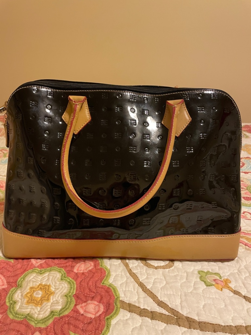 Arcadia Black Patent Satchel with Tan Trim